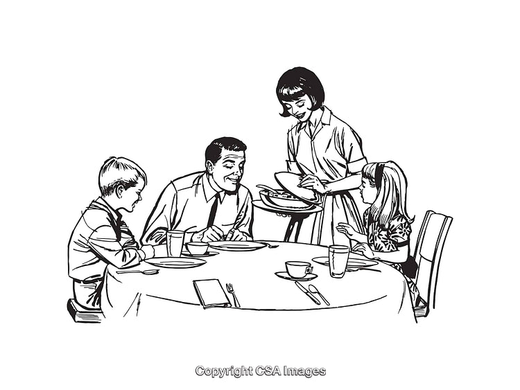 Vintage Illustration of a Family Sharing a Meal Together at the Table