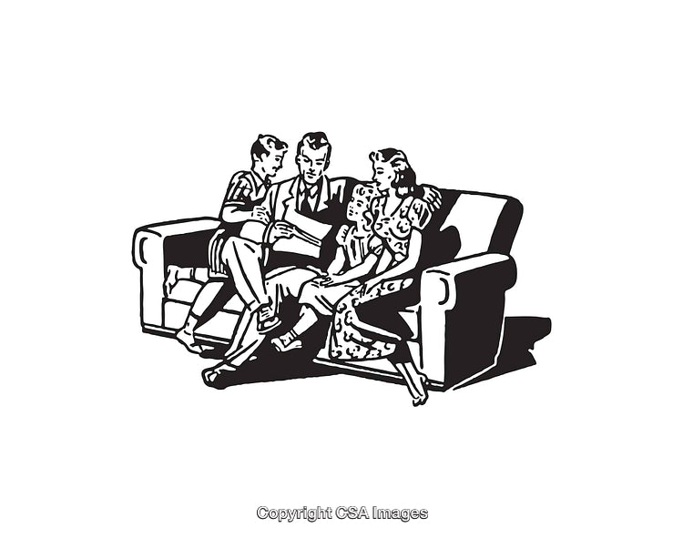 Retro Illustration of a Family Sitting Together at Home on a Couch