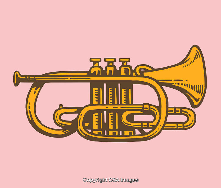 Colorful Line Art Illustration of a Brass Trumpet on a Pink Background