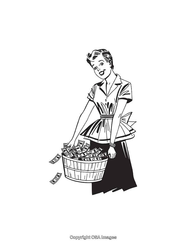Vintage Black and White Line Art of Woman Handling Money in Basket