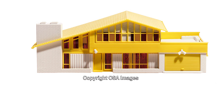 Yellow Plastic Model House with Modern Architecture and White Brick Walls