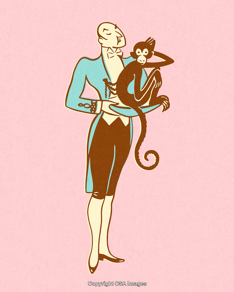 Elegant Gentleman Holding a Monkey on a Pastel Pink Background