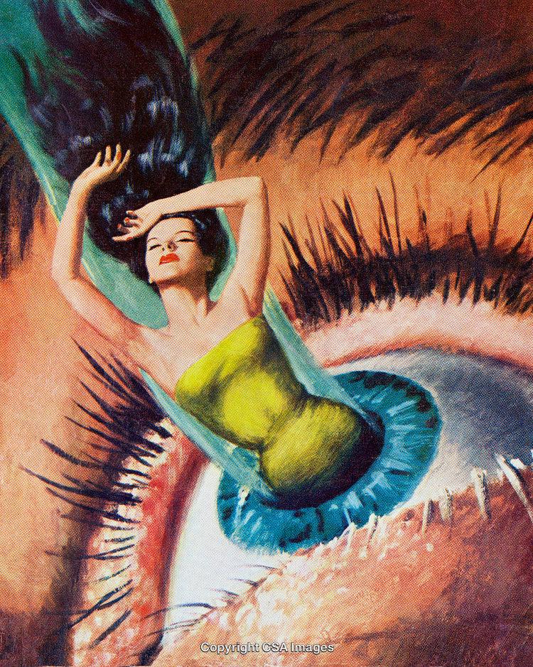 Surreal Artistic Depiction of a Woman Emerging From a Blue Eye