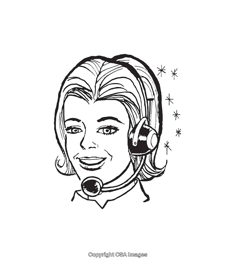 Retro Style Black and White Illustration of a Smiling Operator with Headset