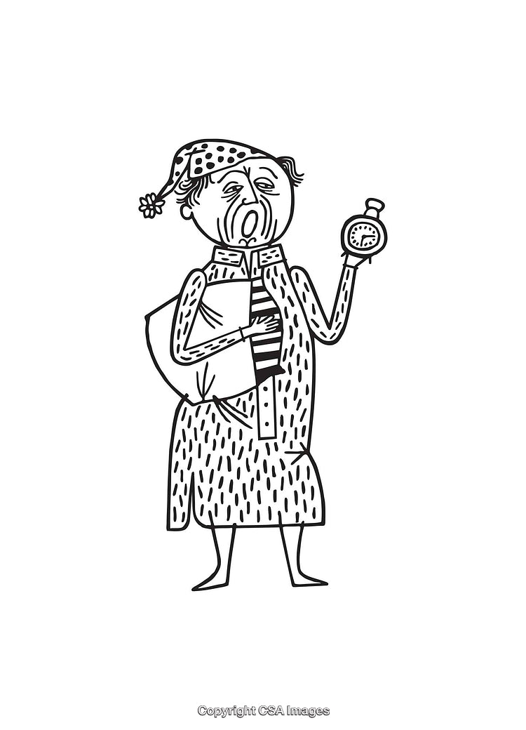 Vintage Line Art of a Sleepy Character Holding a Clock and Pillow