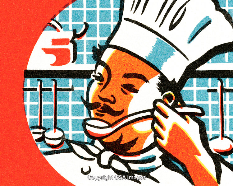 Retro-Style Illustration of a Chef Tasting Soup in a Kitchen