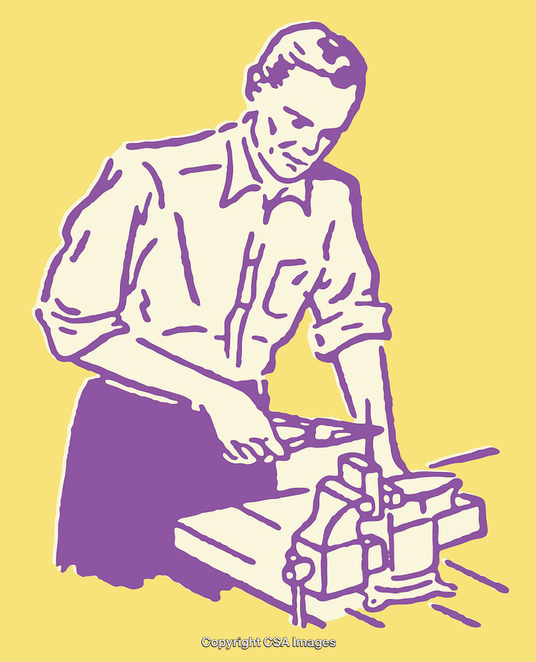 Vintage Line Art Illustration of a Man Working With Tools