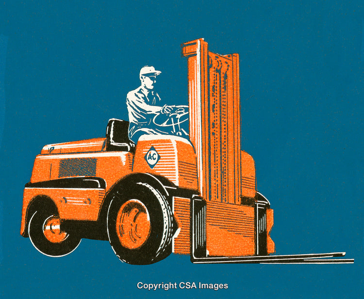 Vintage Illustration of Worker Operating an Industrial Forklift on Blue Background