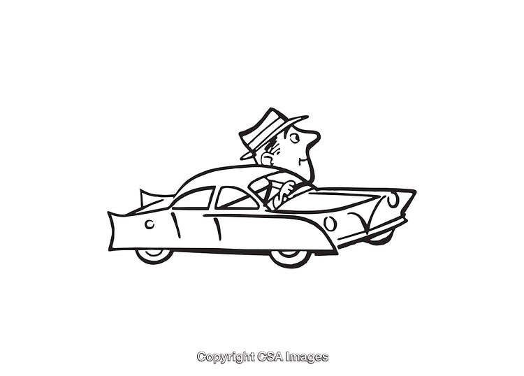 Black and White Line Art of a Man Driving a Classic Car