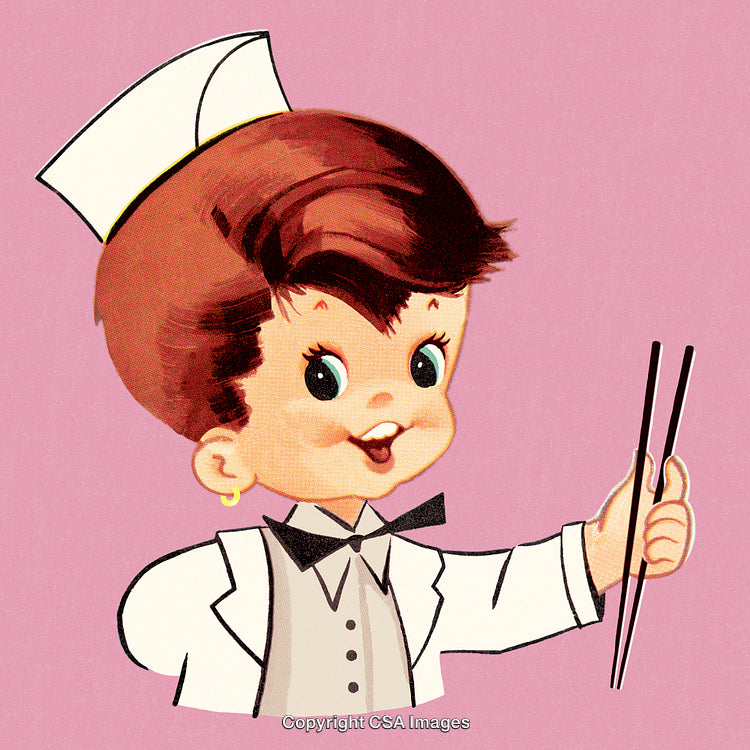Retro Illustration of a Cheerful Chef Holding Chopsticks on Pink Background