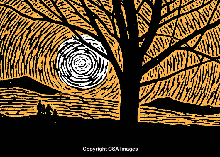 Silhouetted Family Under Sprawling Tree Against Artistic Orange Evening Sky