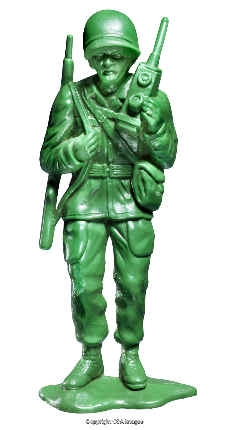 Green Plastic Soldier Figurine Representing Military Communication with Radio and Rifle