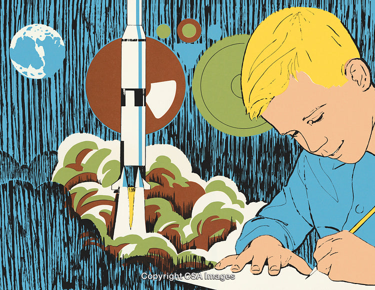 Illustration of a Child Drawing with Space Exploration Theme