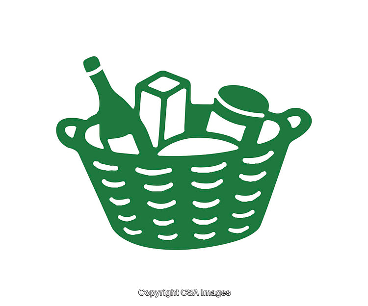 Green Basket Icon Featuring Food and Beverage Items in Outline Style