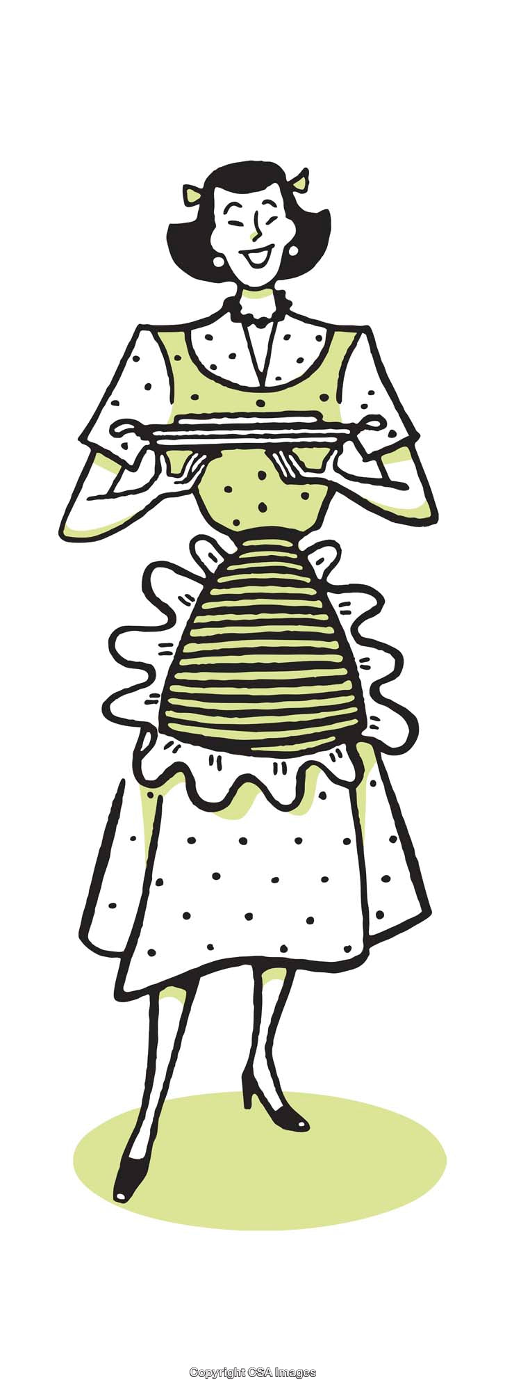 Colorful Retro Illustration of a Happy Homemaker in Apron Holding a Tray