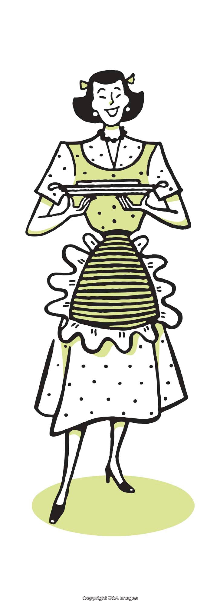 Colorful Retro Illustration of a Happy Homemaker in Apron Holding a Tray