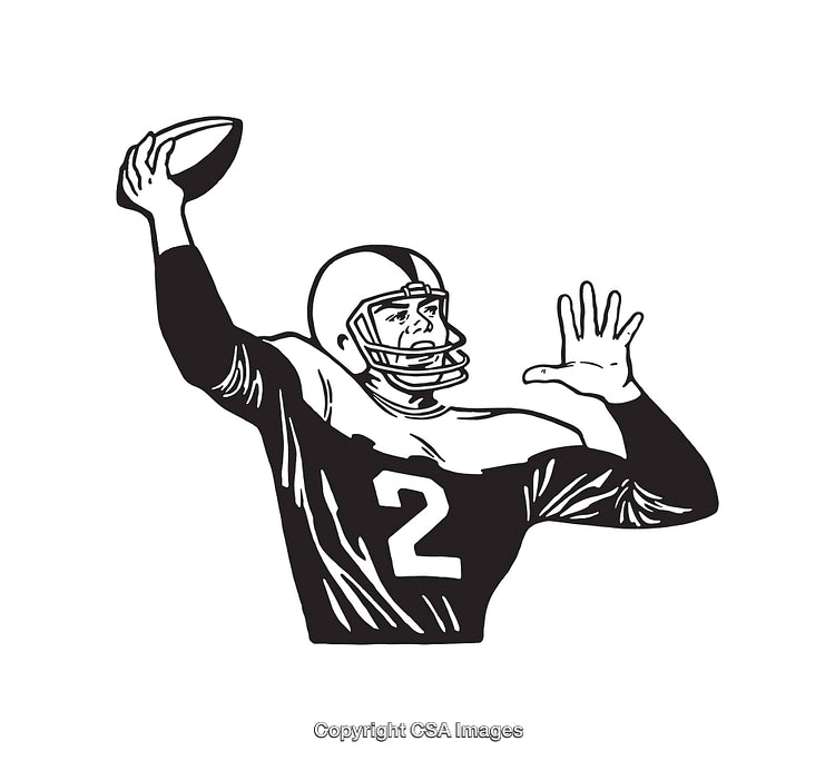Black and White Illustration of a Football Player Throwing a Ball in Action