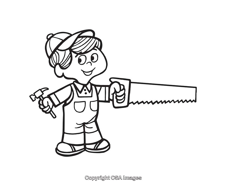 Black and White Line Art of a Child Holding Hammer and Saw