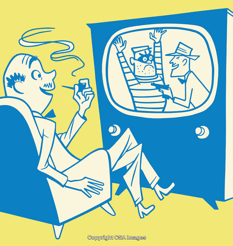 Man Watching TV with Detective Scene in Colorful Line Art Illustration