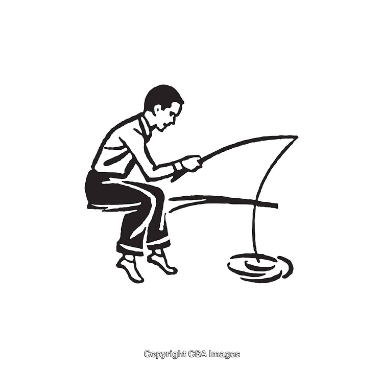 Vintage Line Art Illustration of a Person Fishing by a Pond