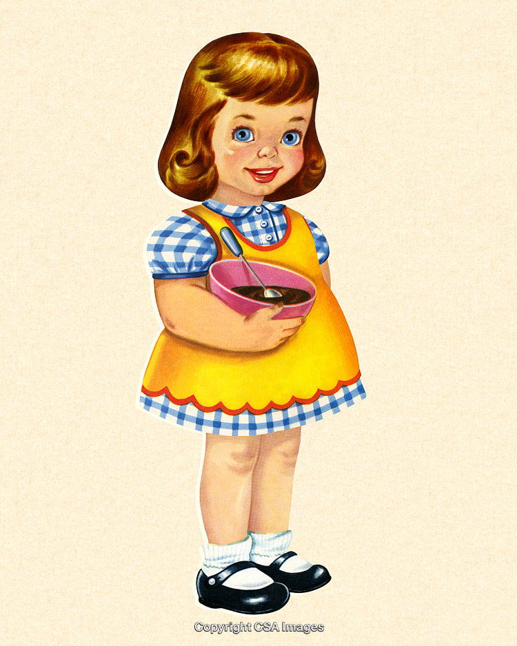 Vintage Illustration of a Little Girl Baking with a Mixing Bowl