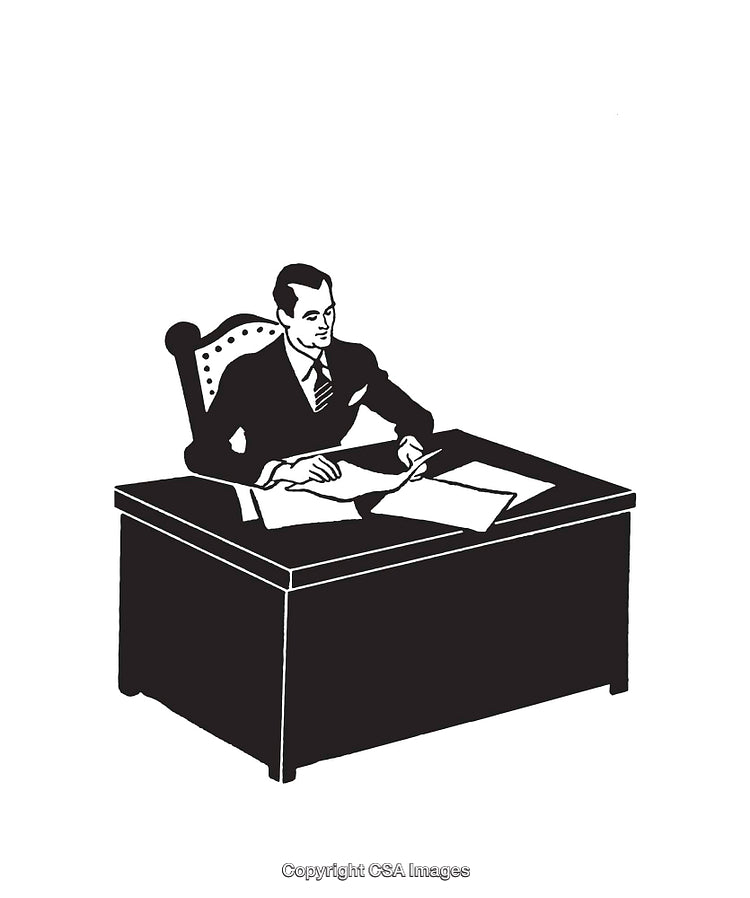 Retro Black and White Illustration of a Business Professional Sitting at a Desk