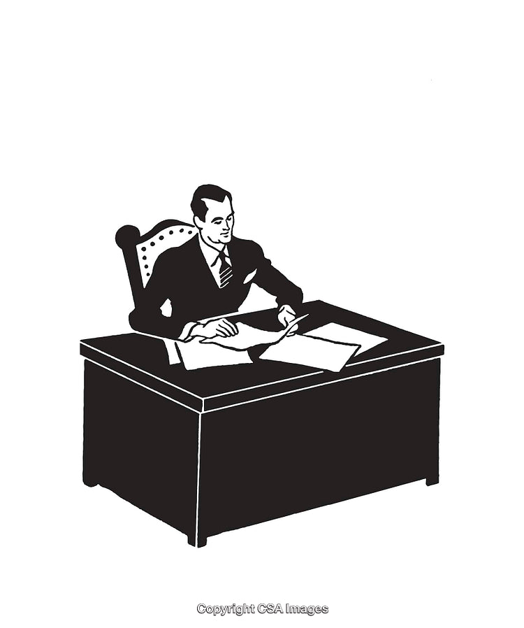Retro Black and White Illustration of a Business Professional Sitting at a Desk