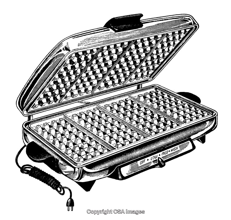 Detailed Black and White Engraving of a Vintage Waffle Maker Appliance