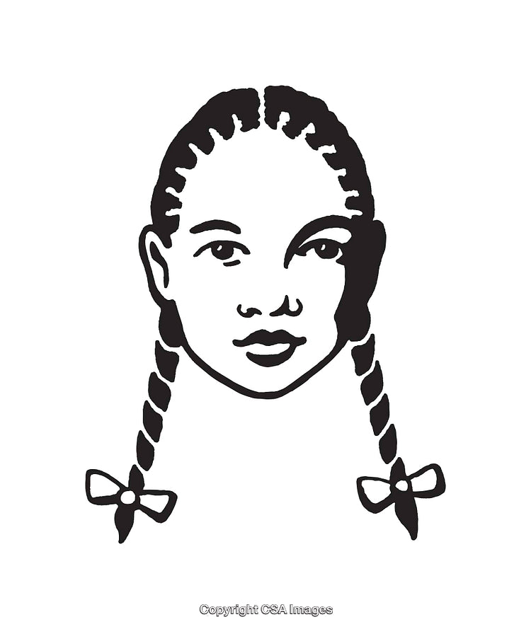 Black and White Illustration of Girl with Braided Hair and Bows