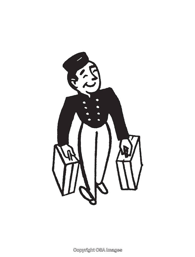 Vintage Black And White Bellhop Illustration Holding Two suitcases