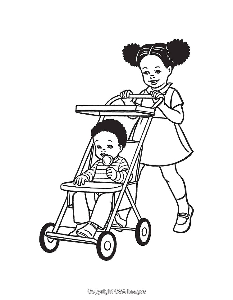 Child Pushing Baby Stroller in Black and White Line Art Illustration