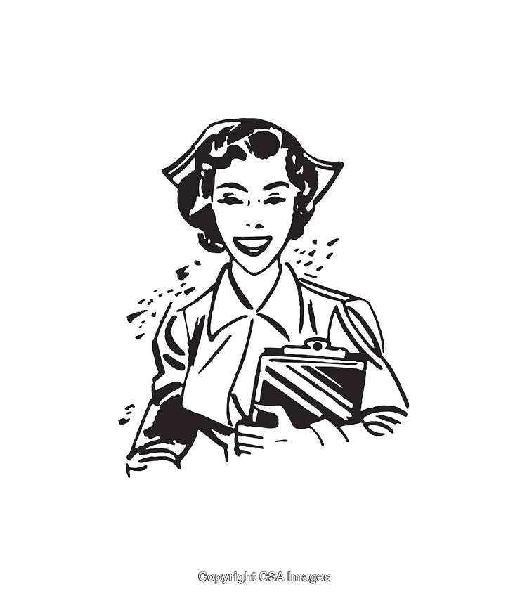 Smiling Nurse in Black and White Line Art Holding a Clipboard