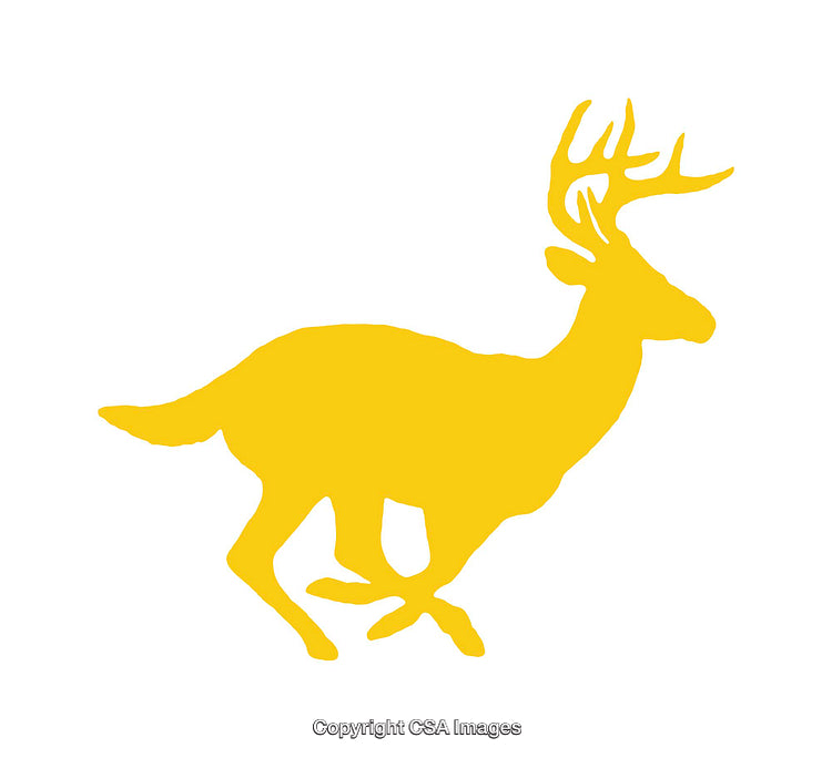 Yellow Silhouette of a Running Deer with Antlers on White Background