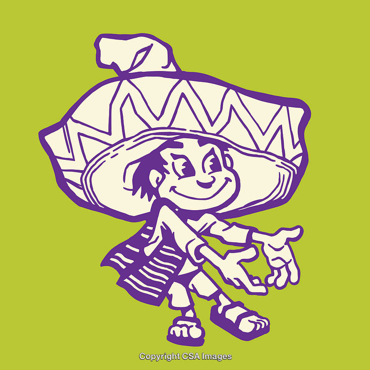 Playful Child Illustration in Sombrero and Traditional Attire on Green Background