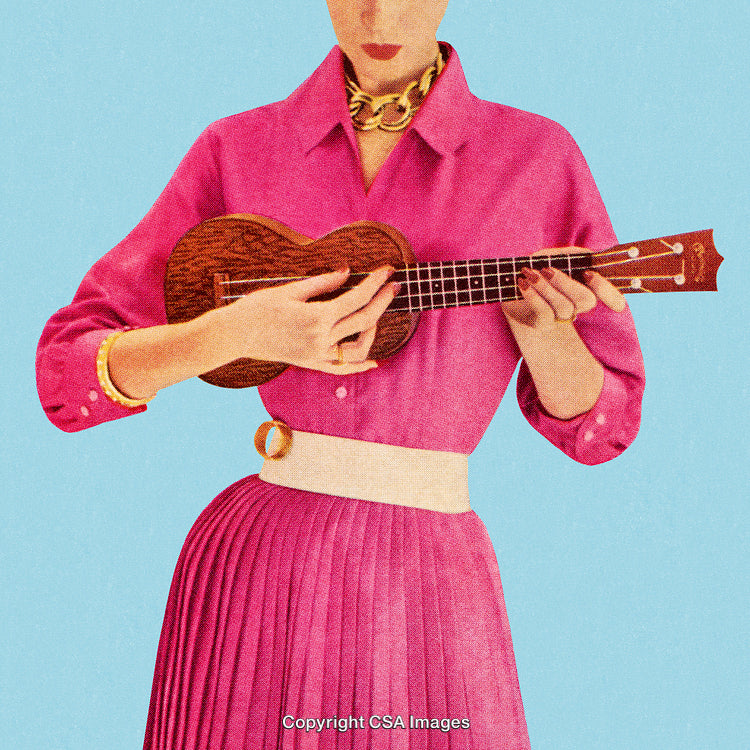 Stylized Portrait of Woman Playing Ukulele in Pink Attire