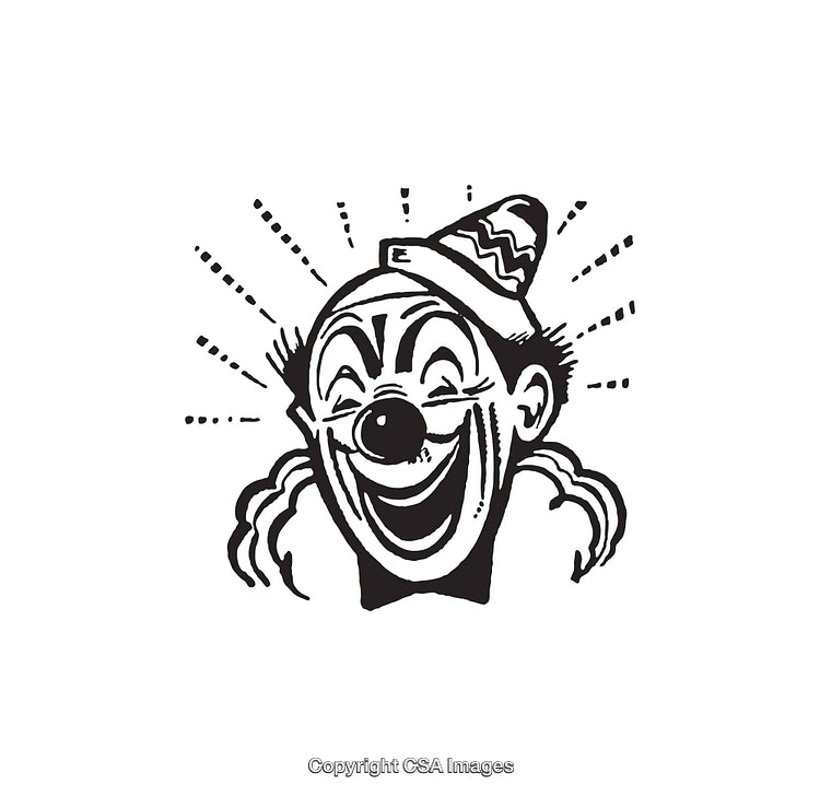 Black and White Line Art Illustration of a Laughing Clown Face