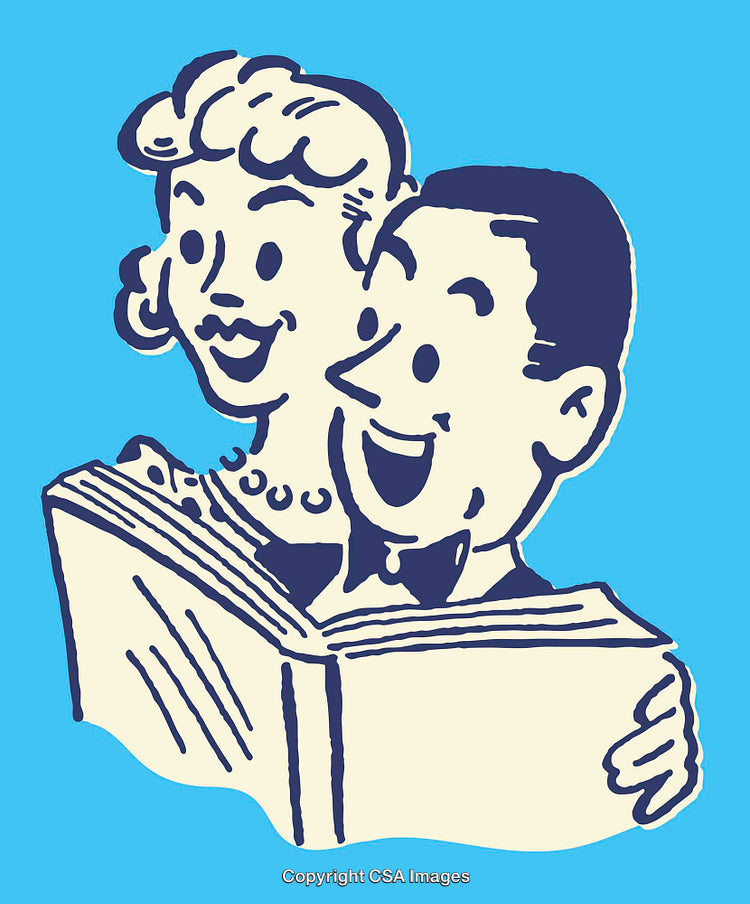 Retro-Style Illustration of a Smiling Man and Woman Reading a Book Together