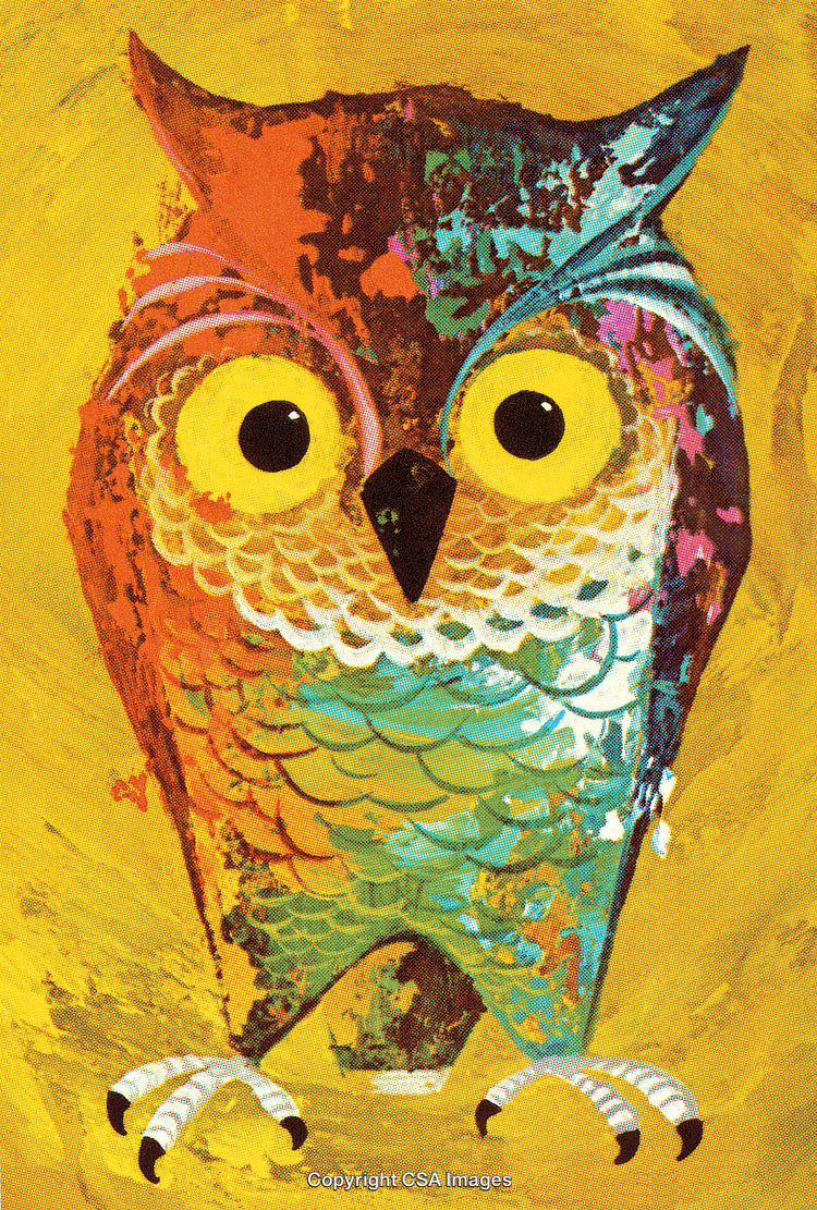 Abstract Colorful Owl Artwork in Vivid Yellow Background