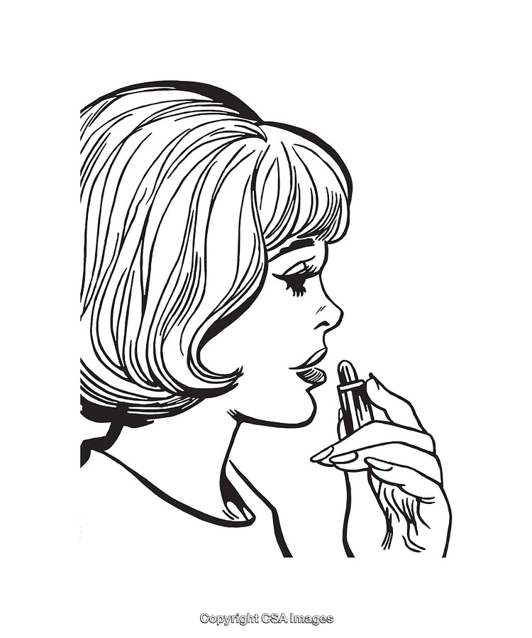 Retro Style Line Art of Woman Applying Lipstick