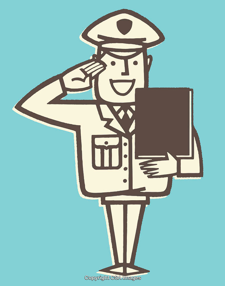 Whimsical Line Art Illustration of a Police Officer Saluting with File in Hand