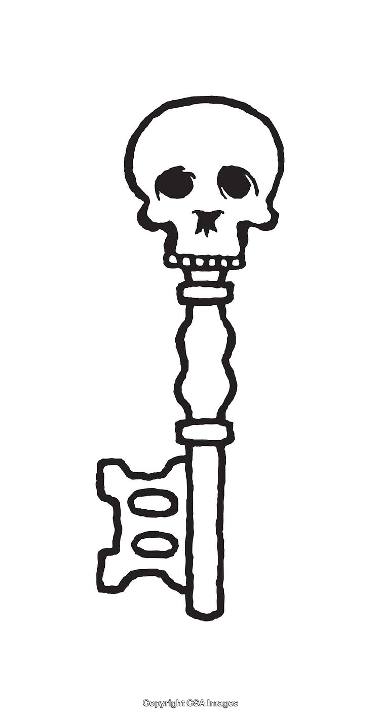 Black and White Line Art Drawing of a Skull Key Design