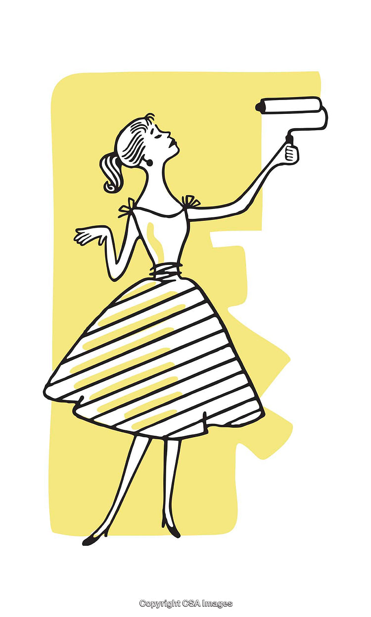 Stylish Woman Painting with Roller in Retro Illustration Style on Yellow Background