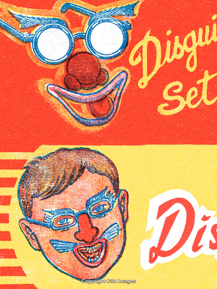Colorful Retro Illustrations of Disguise Items and Their Cartoon Representations