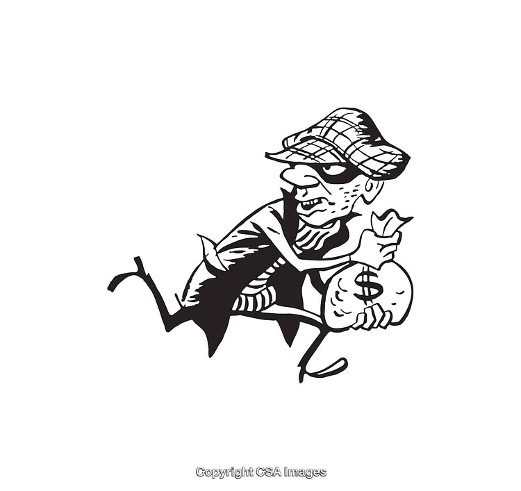 Black and White Line Art Illustration of a Cartoon Thief Running