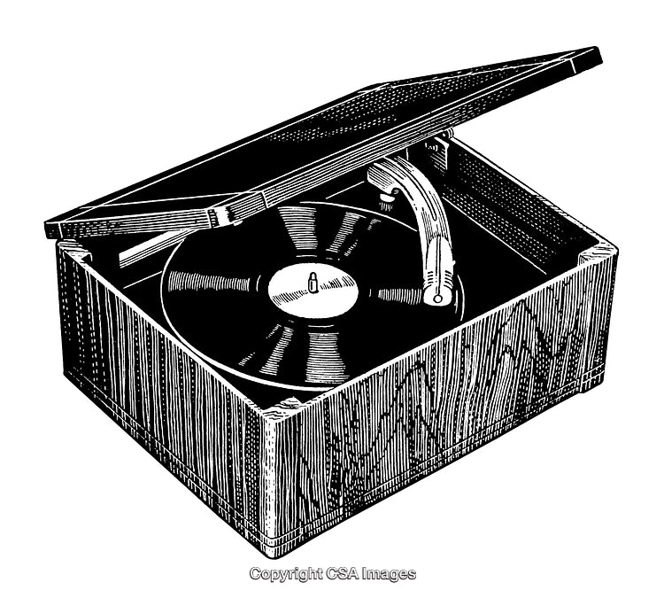 Vintage Turntable Engraving of Retro Vinyl Record Player in Wood Case