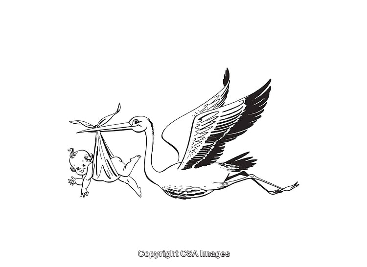 Black and White Line Art of Stork Carrying a Baby