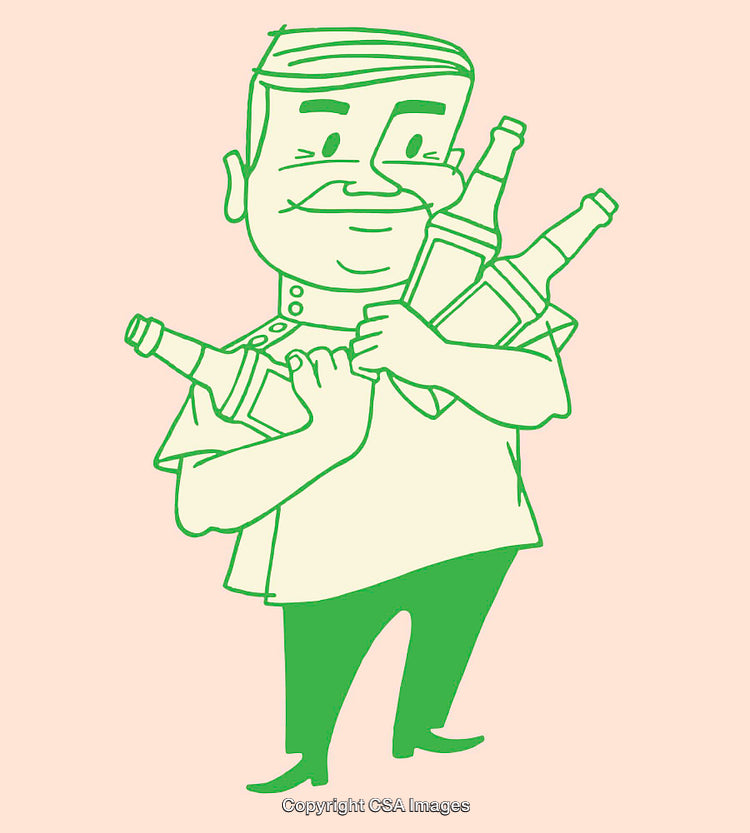 Caricature Illustration of Cheerful Man Holding Multiple Bottles