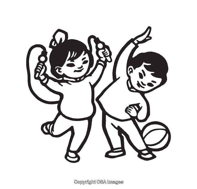 Children Playing with Rope and Ball in Line Art Illustration