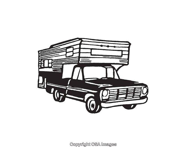 Vintage Camper Truck Line Art in Black and White Illustration