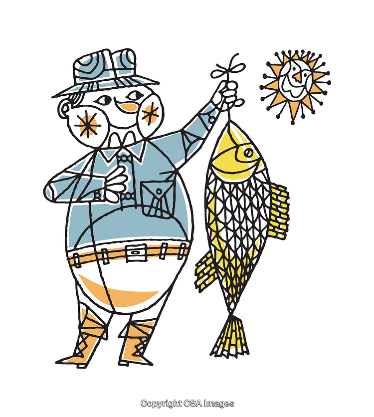 Cartoon Illustration of Fisherman Holding Large Fish Under the Sun